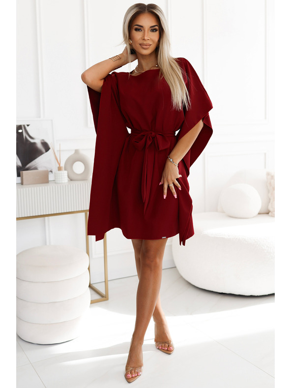 numoco SOFIA Schmetterlings-Kleid mit Taillenbindung - weinrot