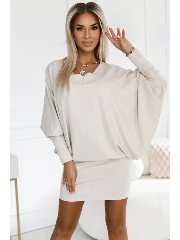 numoco Pullover Warmes Fledermauskleid mit Ausschnitt - beige