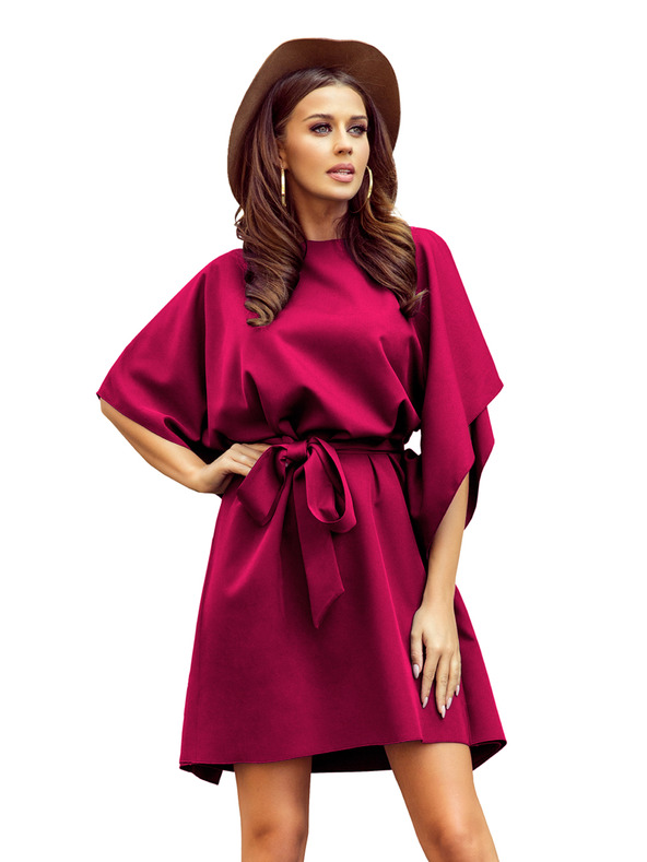 numoco SOFIA Schmetterlings-Kleid mit Taillenbindung - weinrot