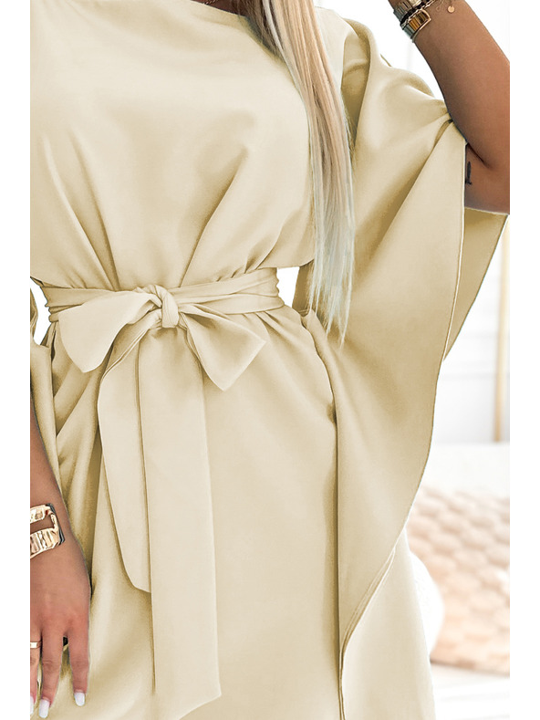 numoco SOFIA Schmetterlings-Kleid mit Taillenbindung - beige