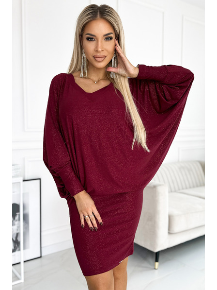 numoco Fledermauskleid mit Ausschnitt - weinrot mit Glitzer