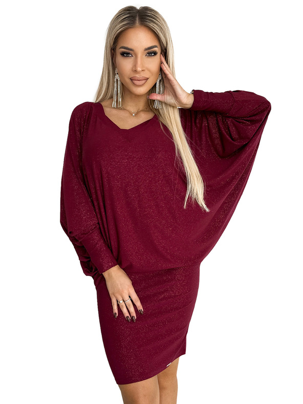 numoco Fledermauskleid mit Ausschnitt - weinrot mit Glitzer