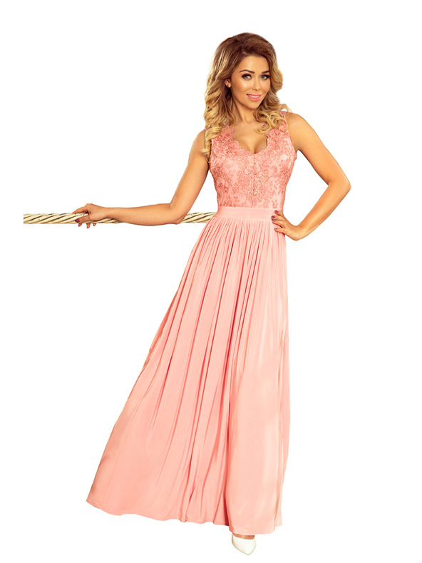 numoco LEA langes Kleid mit besticktem Ausschnitt - rosa