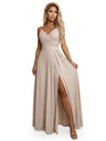 numoco CHIARA Maxikleid mit Trägern, Wickelausschnitt und Beinschlitz - champagnerfarbene Glitzer-Ausführung