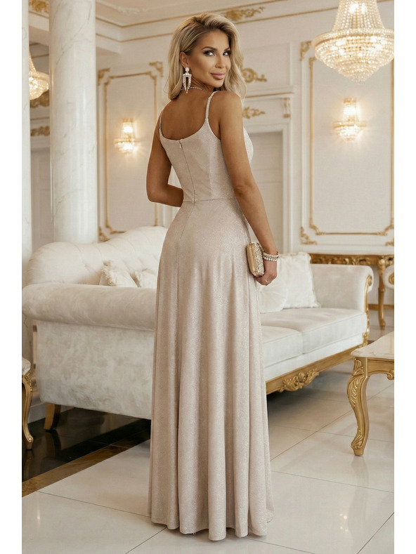 numoco CHIARA Maxikleid mit Trägern, Wickelausschnitt und Beinschlitz - champagnerfarbene Glitzer-Ausführung