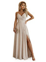 numoco CHIARA Maxikleid mit Trägern, Wickelausschnitt und Beinschlitz - champagnerfarbene Glitzer-Ausführung
