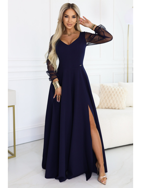 numoco LORETTA einzigartige langes Kleid mit Tüllärmeln und Ausschnitt - dunkelblau