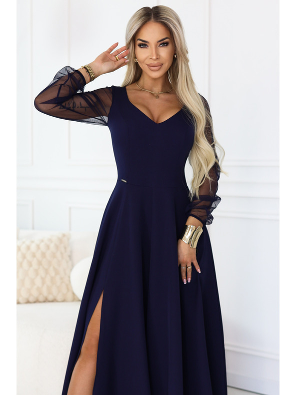 numoco LORETTA einzigartige langes Kleid mit Tüllärmeln und Ausschnitt - dunkelblau