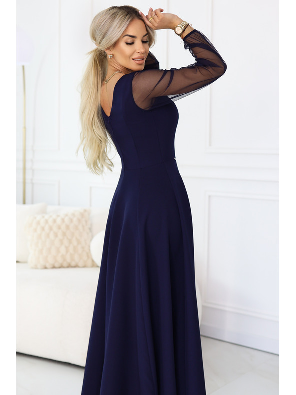 numoco LORETTA einzigartige langes Kleid mit Tüllärmeln und Ausschnitt - dunkelblau