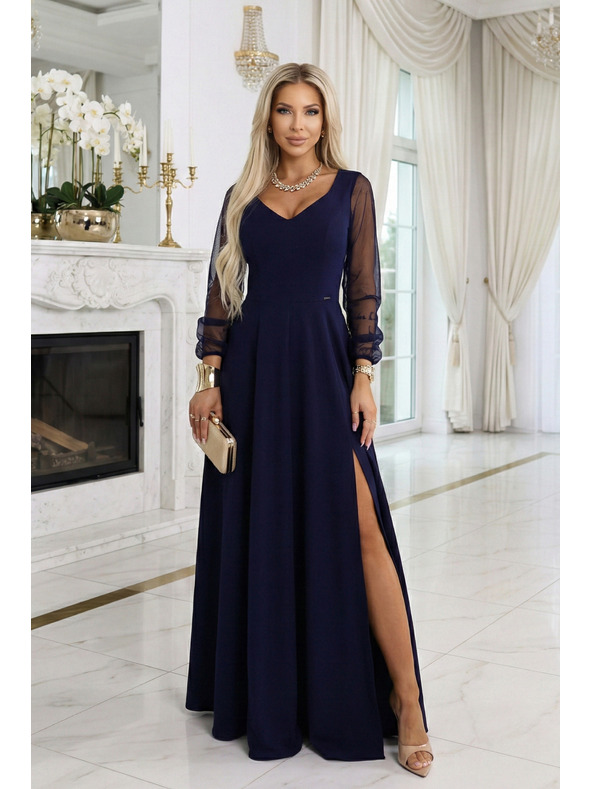 numoco LORETTA einzigartige langes Kleid mit Tüllärmeln und Ausschnitt - dunkelblau