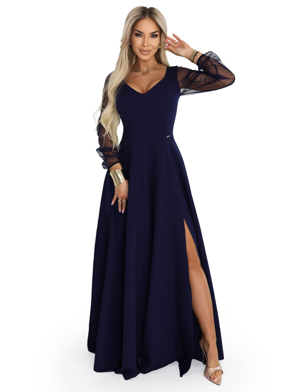 numoco LORETTA einzigartige langes Kleid mit Tüllärmeln und Ausschnitt - dunkelblau