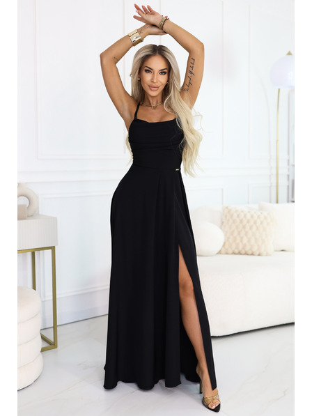 numoco Maxi-Kleid mit Trägern, Korsett-Rücken und Schlitz - schwarz