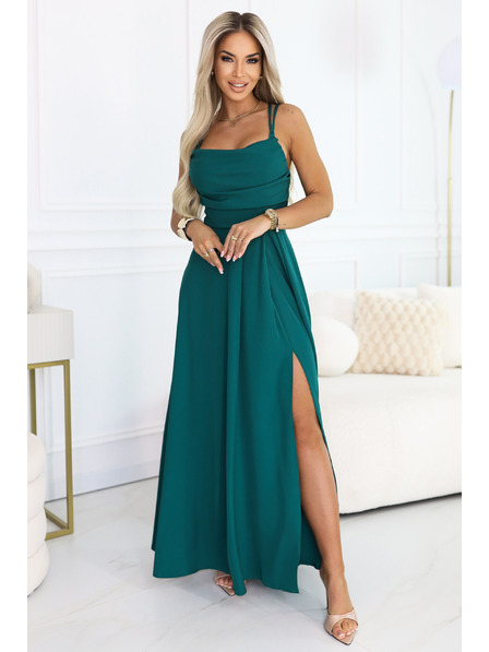 numoco Maxi-Trägerkleid mit Korsett-Schnürung am Rücken und Schlitz - flaschengrün