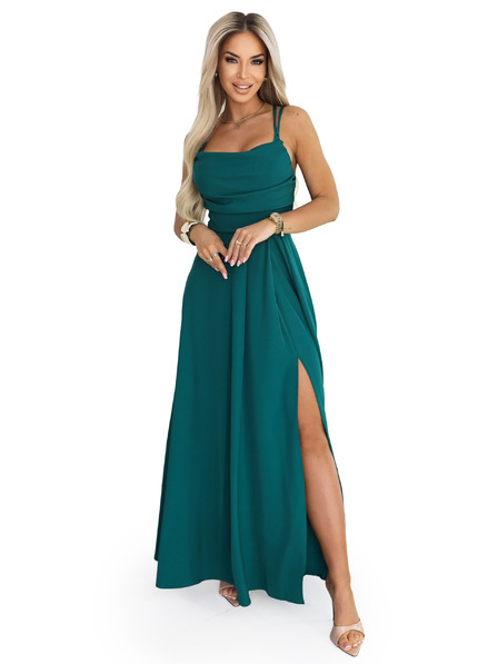 numoco Maxi-Trägerkleid mit Korsett-Schnürung am Rücken und Schlitz - flaschengrün
