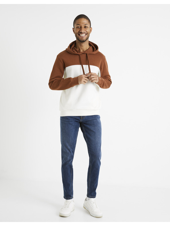 Celio Brauner und weißer Herren-Baumwoll-Kapuzenpullover Celio Debiding