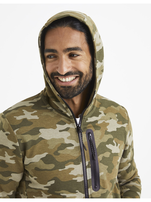 Celio Beige-grüner Herren-Tarnkapuzenpullover Celio Veyoke