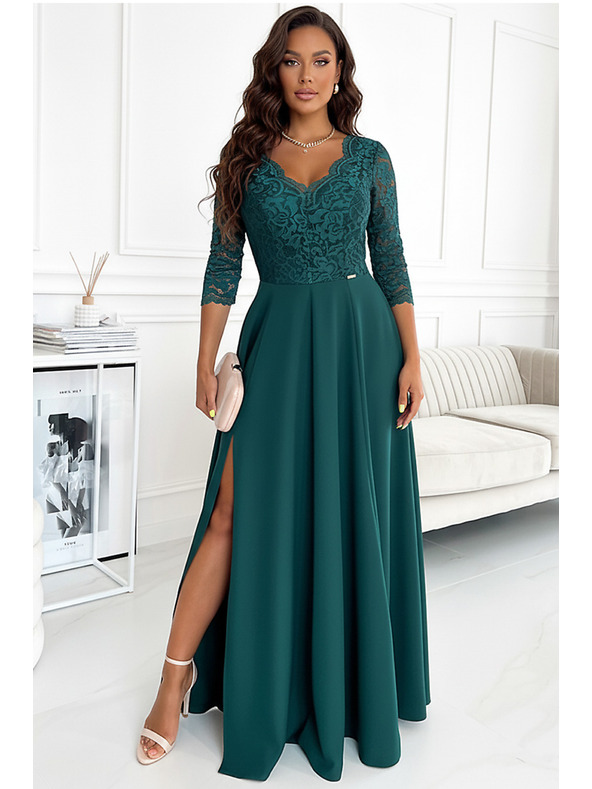 numoco Elegantes langes Spitzenkleid mit Dekolleté - grün Numoco AMBER