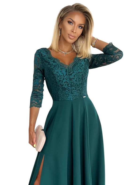 numoco Elegantes langes Spitzenkleid mit Dekolleté - grün Numoco AMBER
