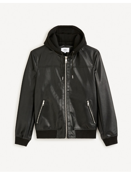 Celio Schwarze Herren Lederjacke mit Kapuze Celio Fumati