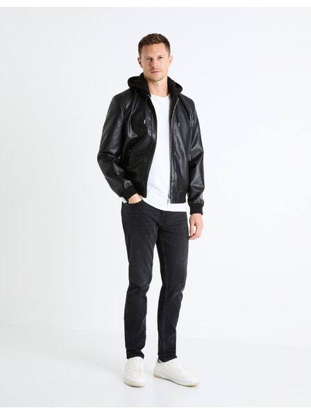 Celio Schwarze Herren Lederjacke mit Kapuze Celio Fumati