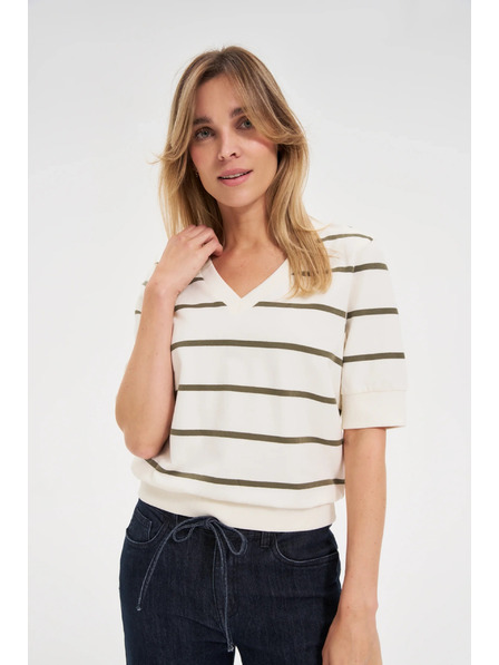 Moodo Striped Short Sleeve Blouse in Ecru Moodo