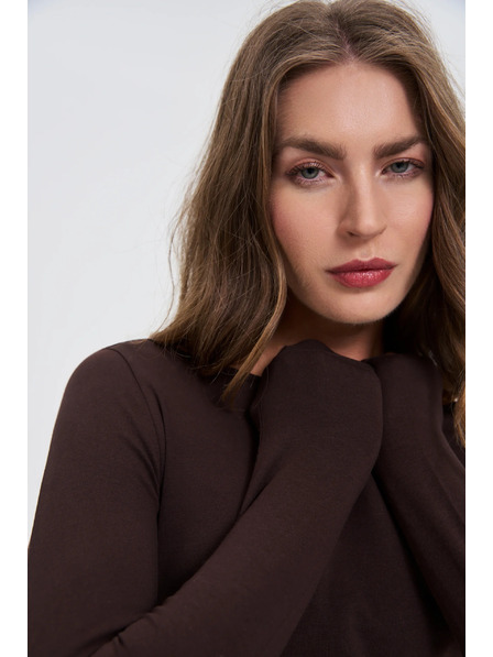 Moodo Eng anliegende braune Bluse mit langen Ärmeln Moodo