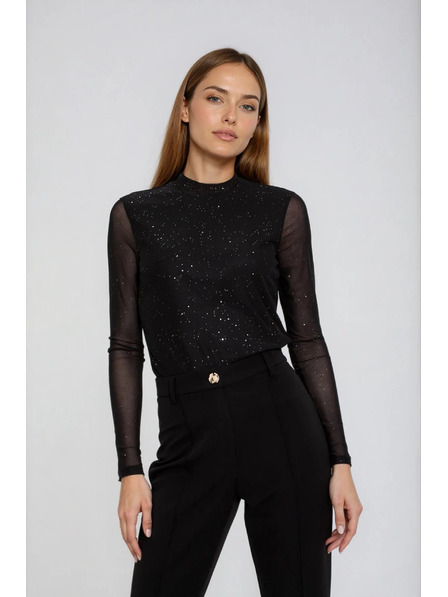 Moodo Schwarze Bluse mit transparenten Ärmeln Moodo
