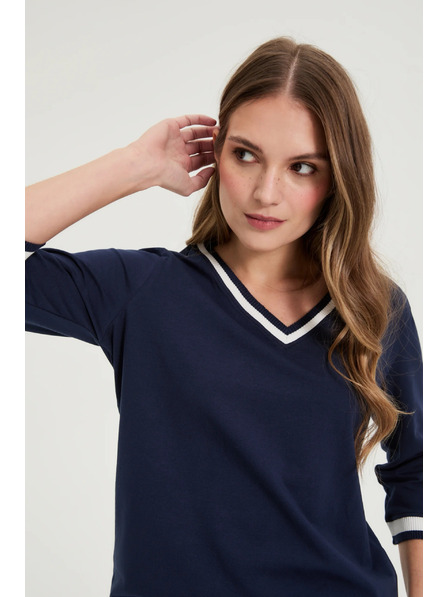 Moodo Baumwollbluse mit V-Ausschnitt marineblau Moodo