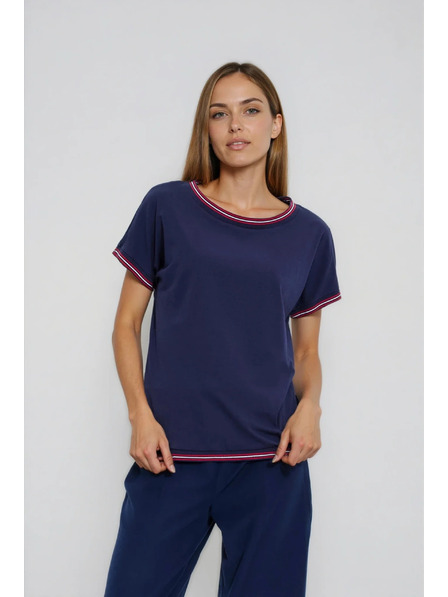 Moodo Navy Blue Blouse with Decorative Trimming by Moodo