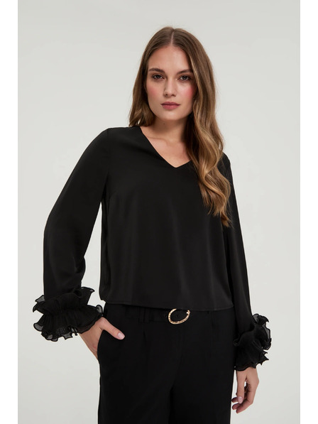 Moodo Schwarzes Hemd mit Volants an den Ärmeln Moodo