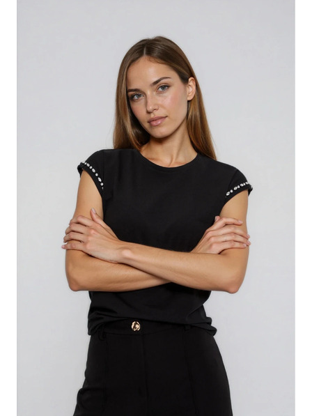 Moodo Cotton Blouse with Decorated Sleeves Black Moodo