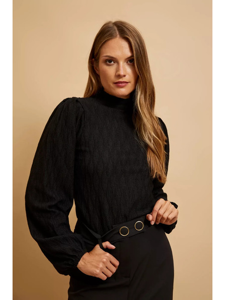 Moodo Schwarze Bluse mit Polo-Ausschnitt und Volantärmeln Moodo