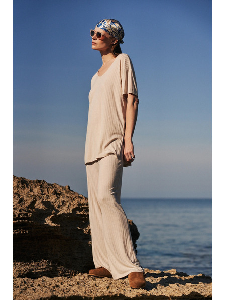 Moodo Beige Hose aus Rippstrick Moodo