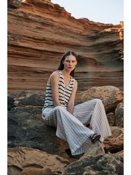 Moodo Gestreifte Leinenhose, weiß Moodo