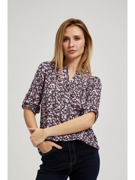 Moodo Dunkelblaus Hemd mit Blumenmuster und hochgekrempelten Ärmeln Moodo