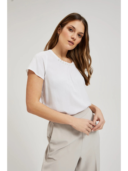 Moodo Weiße Bluse mit Perlenbesatz am Ausschnitt Moodo