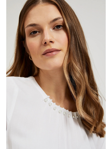 Moodo Weiße Bluse mit Perlenbesatz am Ausschnitt Moodo