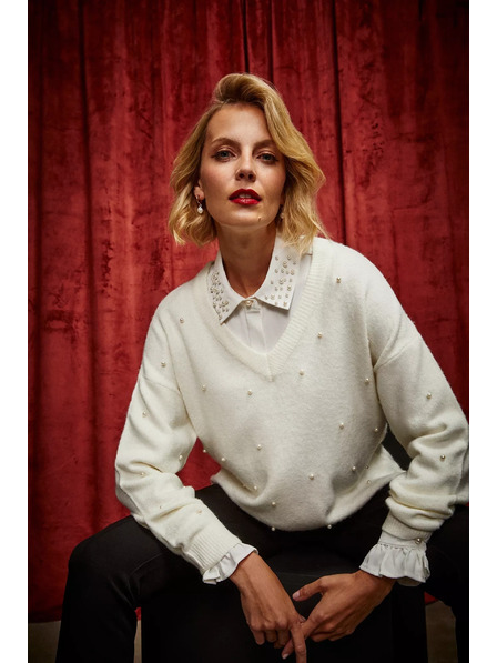 Moodo V-Ausschnitt Pullover mit Perlenbesatz Moodo