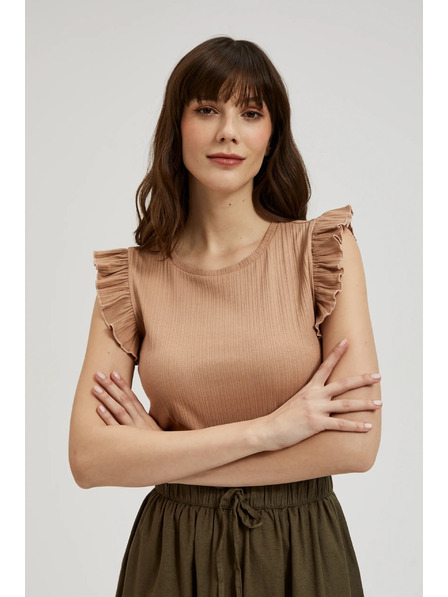 Moodo Gerippte Bluse mit Rüsche an der Schulter beige Moodo