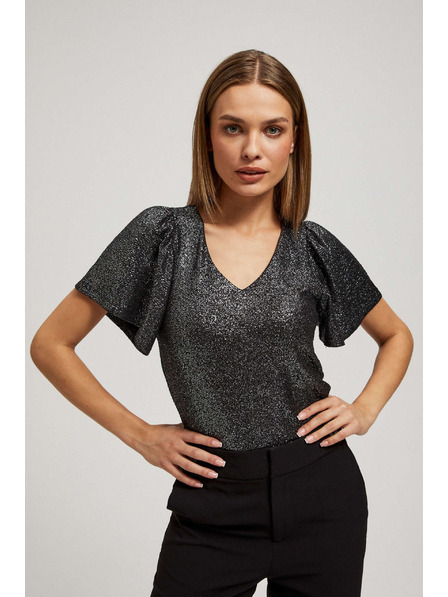 Moodo Bluse mit V-Ausschnitt und kurzen Puffärmeln in Schwarz von Moodo