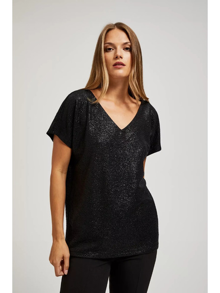 Moodo Elegante schwarze V-Ausschnitt Bluse aus glänzendem Material von Moodo