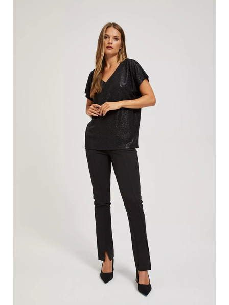 Moodo Elegante schwarze V-Ausschnitt Bluse aus glänzendem Material von Moodo