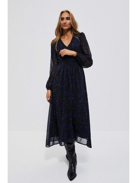 Moodo Schwarzes Midi-Kleid mit Druck und Ballonärmeln Moodo