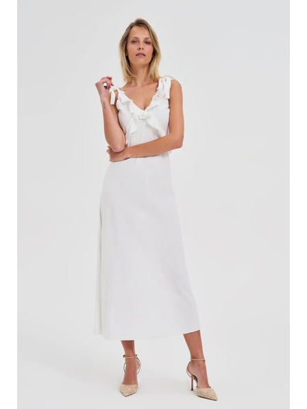 Moodo Weißes Midikleid mit Volants am Ausschnitt Moodo