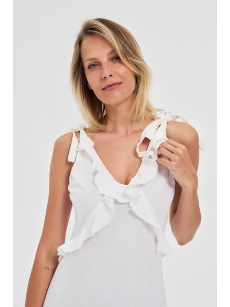 Moodo Weißes Midikleid mit Volants am Ausschnitt Moodo