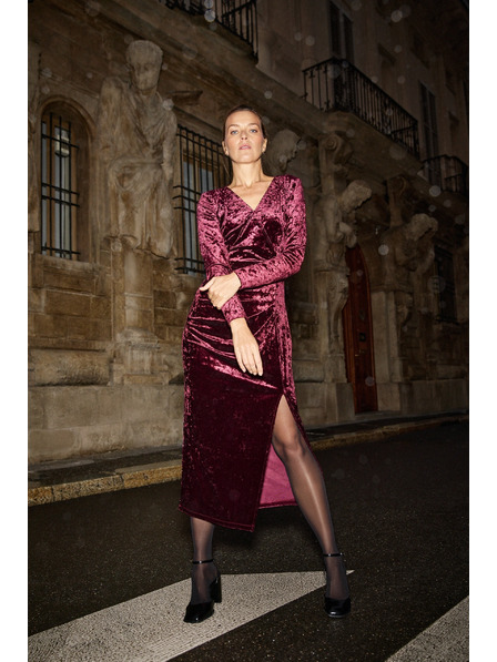 Moodo Weinrote Samt-Midi-Kleid Moodo