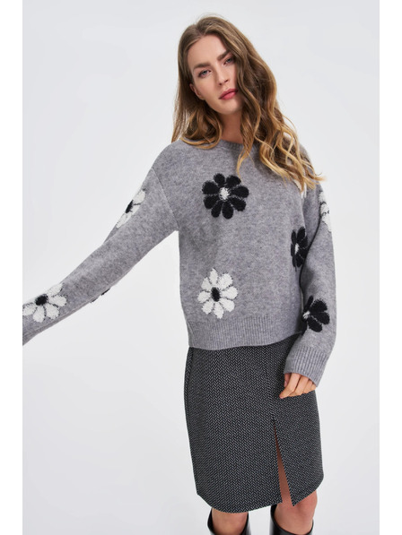 Moodo Pullover mit Blumenmuster grau Moodo