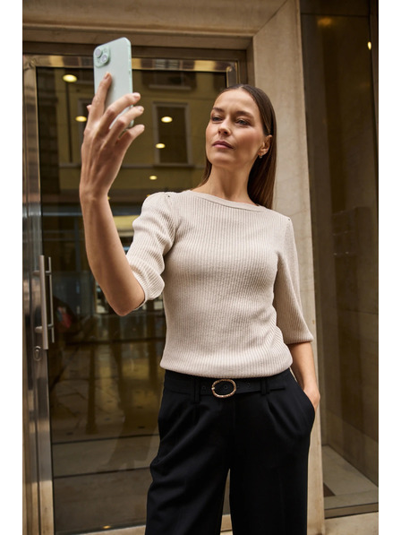 Moodo Gerippter Pullover mit Ballonärmeln beige Moodo