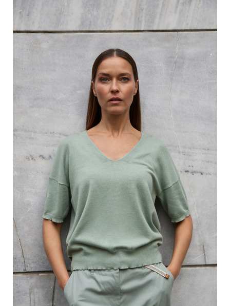 Moodo Olivgrüner Pullover mit kurzen Ärmeln Moodo