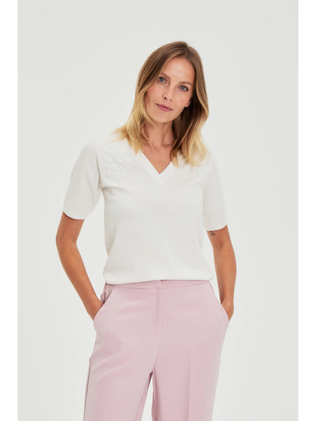 Moodo Weißer Pullover mit kurzen Ärmeln und V-Ausschnitt Moodo